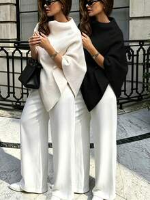 Women's 2 Pieces Knit Shawl Sweater Set, High Neck Loose Asymmetrical Drop Shoulder, Solid Color Minimalist Cape Design, Soft Knit Texture, Elegant Autumn Outfit For Commute And Vacation - White + Black - View 2