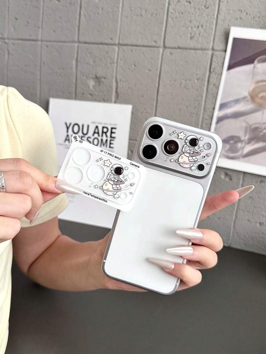 1pc Cute Astronaut Rocket Cartoon Print Full Coverage 9H Hardness Camera Lens Protector, Compatible With IPhone 18 Pro Max/18 Pro/17 Pro Max/17 Pro, Space Planet Pattern, Anti-Oil Anti-Drop Anti-Explosion, Bubble-Free Auto-Adsorption, Easy Installation