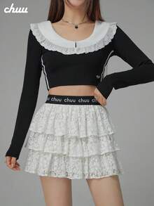 Áo thun nữ CHUU cổ bèo, dáng petite, ôm slim fit, phối ren, tay dài, lớp mặc trong mùa thu - màu đen - Xem 6