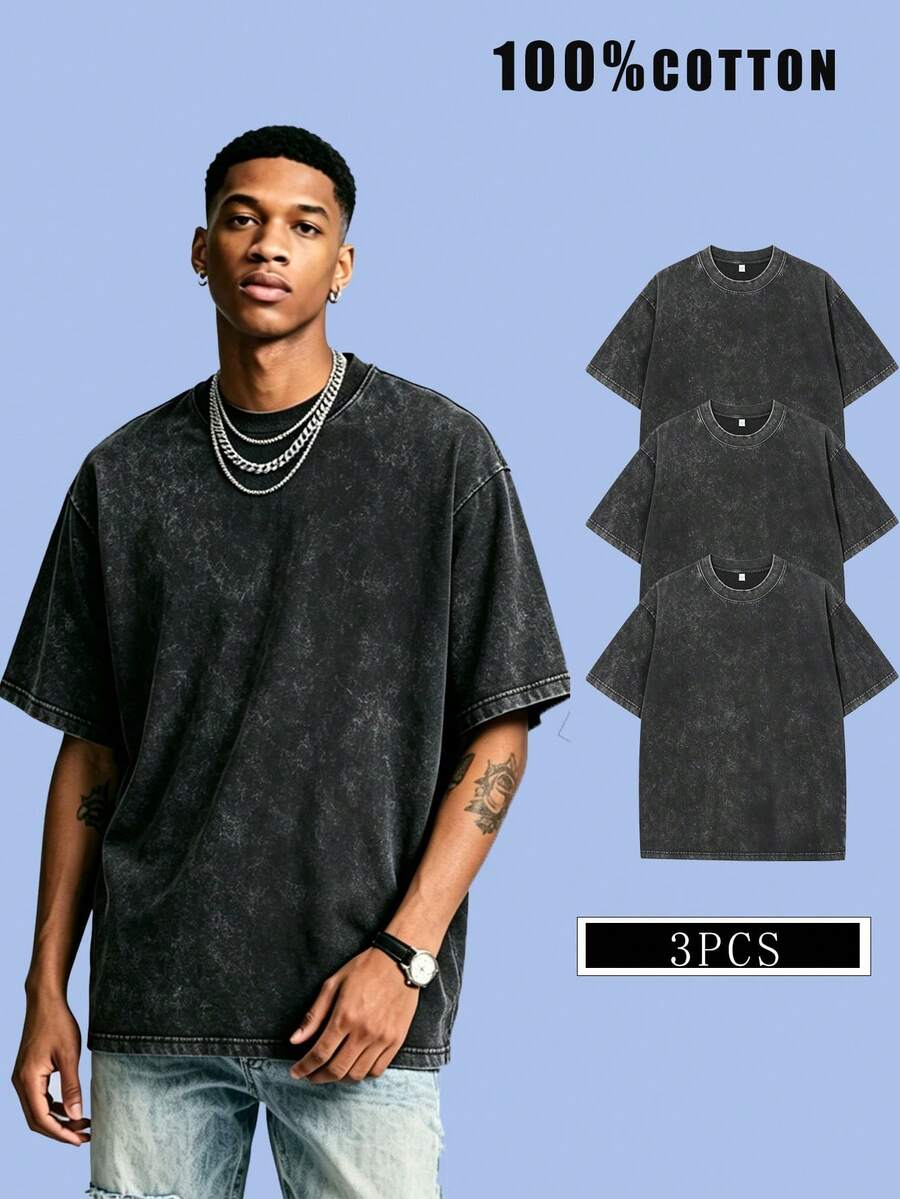3pcs Men's Heavyweight 230g 100% Cotton T-Shirts Retro Washed Streetwear Loose Fit Round Neck Short Sleeve, Breathable All Season Casual Tees - 黑色+黑色+黑色 - 查看 1