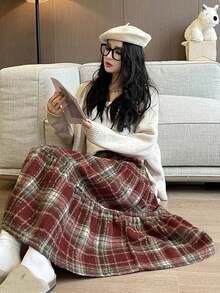 Women's Autumn/Winter Red Plaid Wool Flattering High Waist Versatile Cake Midi Umbrella Skirt - Burgundy - View 2