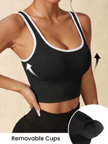 Women's Seamless Ribbed Knit High Elastic Contrast Trim U-Neck Sleeveless Sports Bra Gym Workout Top - Multicolor - View 4