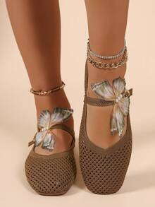 Summer Breathable Mesh Mary Jane Shoes, Vintage Tulle Butterfly Decor, Single Strap Buckle, Soft Sole, Low Vamp, Fairy Style Flat Shoes - Coffee Brown - View 6