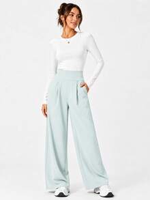Women's Solid Color High Waist Pocket Pleated Casual Sports Long Pants 2pcs Set Black - Black - View 5