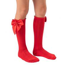 Girls' 3/4 Knee-High Party Socks With Satin Bow, 16-33, For Baptism, Wedding, Flower Girl, Social, Dance, Events, Elegant, School - 紅黑配色 - 查看 6