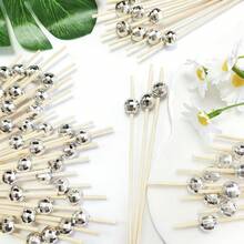 100pcs Disco Mirror Silver Beads And Space Ball Cocktail Picks - Elegant Bamboo Skewers, Toothpicks, Suitable For Christmas Party, Bar Decor, Fruit, Cake And Snack Display - Silver - View 7