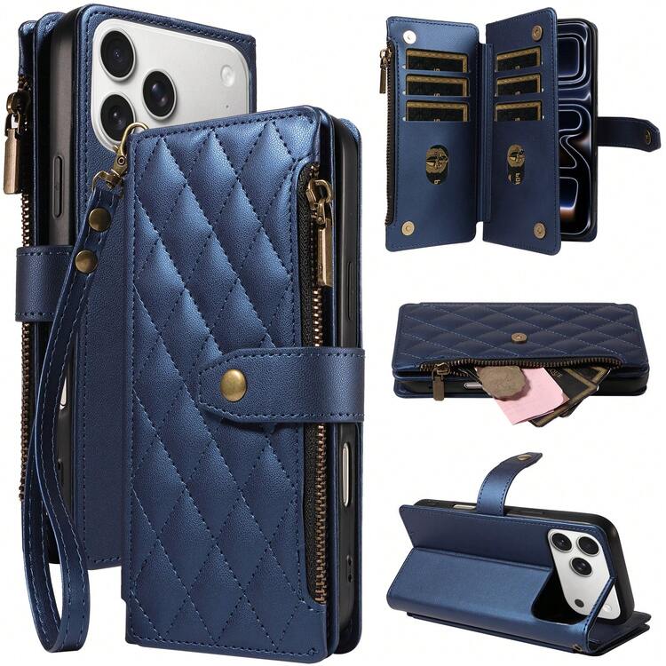 Flip Protective Case Compatible With Apple 18/17 ProMax/16/15/14/13/12/11 Pro Wallet Phone Case Card Holder Wrist Strap Zipper Pocket Coin Purse Phone Protective Cover - Royal Blue - View 1