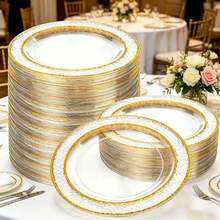 10-50pcs/Set, 7.5 Inch/10.25 Inch Transparent Hammered Gold Rim Plates, Reusable Tableware, Suitable For After-Meal Cleanup, Party, Family Gathering, Various Celebrations, Halloween, Christmas, Valentine's Day, Thanksgiving, Mother's Day And Daily Use, Celebration Supplies, Party Tableware, Decorative Plates, Elegant Tableware, Lightweight Tableware, Durable Tableware, Serving Plates, Event Tableware - Clear - View 11