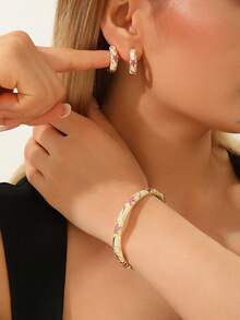 2pcs/Set Vintage Enamel Starfish Jewelry Set Gold Plated Bangle Bracelet Huggie Hoop Earrings Coastal Beach Jewelry For Women - White - View 2