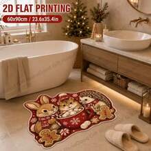 Flat Printed Bath Mat Bathroom Rug, 1pc 850GSM Non-Slip Mat, Velvet Surface With Dotted Plastic Backing, Christmas Rabbit Hamster Hedgehog Snowman Hot Cocoa Gingerbread Snowflake Pattern Printed Rug, Suitable For Porch, Bathroom, Christmas Decor, Home Decor, Cute Animal Shaped Living Room Rug, Dirt-Resistant, Skin-Friendly, Soft, Balcony, Bedroom Floor Mat - C - View 2
