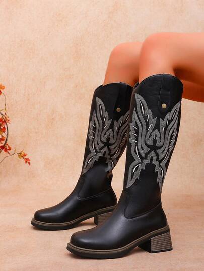 Women's Embroidered Western Boots, Back Zipper Vintage Chunky Heel Tall Boots, Equestrian Long Boots