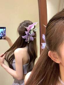 1pc Purple Calla Lily Artificial Flower Hair Clip, Fabric Bouquet Hair Accessory For Banquet, Outing, Spring/Summer - Lilac Purple - View 4