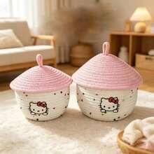 SANRIO 1pc Cartoon Embroidered Cotton Rope Woven Storage Basket With Lid, Pink Top Cover, Polka Dot & Heart Design, Desktop Organizer Box For Dolls, Snacks And Sundries, Girly Bedroom Home Decor Storage Organizer - One Size - View 8
