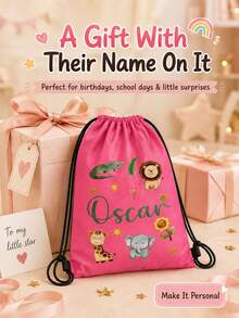 Customized Wildlife Zoo Animal Name Drawstring Bag - Personalized Zoo Text Backpack, Suitable For Picnic, Unique Gift Bag, Can Be Used As Birthday Party, Baby Shower Gift And Customized Birthday Gift - Multicolor - View 7
