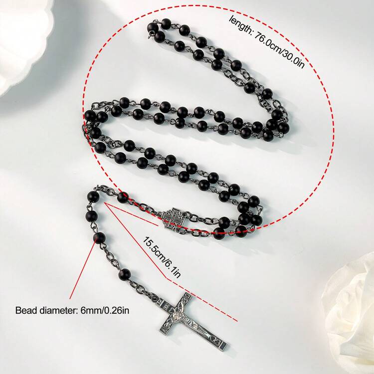 Black Matte Agate Handmade Beaded Catholic Rosary Necklace With Cross Pendant, Women's Sweater Chain, Prayer Necklace, Spiritual Gift - Black - View 6