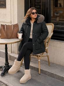 Plus Size Women's Detachable Fur Collar Hooded Parka Jacket, Cinched Waist, Multiple Utility Pockets, Loose Fit, Slimming Mid-Length Coat, Autumn/Winter - Black - View 4