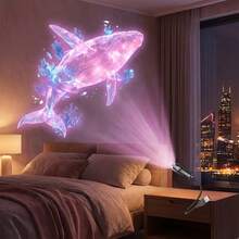 1個便攜式USB海洋生物投影小夜燈，附4款可替換海洋主題幻燈片圖案：粉色鯨魚、水母、粉色海豚和藍色鯨魚，LED氛圍燈，360°自由旋轉，適合床頭夜燈 - 黑色 - 查看 12