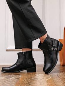 Men's High Heel Square Toe Chelsea Boots, Height Increasing British Style Side Zipper Cross Strap Ankle Boots, Business Casual Fashion Boots - Black - View 9