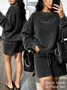 RNU Vintage Distressed Snowflake Wasteland Style Casual Sweatshirt & Shorts 2 Pieces Set, Loose Long Sleeve Sweatshirt With Wide Leg Bermuda Shorts, Autumn/Winter Sweatshirt Set, Home Leisure Street Party Outfit, Versatile Preppy Style, Spring/Autumn New 2 Pieces Set - Black - View 3
