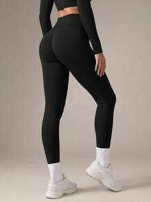 VVX Seamless V-Shaped Scrunch Butt Leggings, High Waist Tummy Control Stretch Yoga Workout Pants For Women - Black - View 4