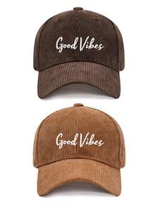 1pc/2pcs Vintage Corduroy Baseball Cap For Women, Printed With "Good Vibes" Letter, Adjustable Strap, Spring/Autumn Street Style Hat - Multicolor - View 10