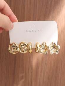 6/18PCS Fashionable Elegant Floral Geometric Texture Metallic Earring Set Suitable For Party, Banquet, Travel, Wedding, Vacation, Daily Wear Jewelry Gift (Lightweight ABS Material, Non-Fading) - Gold - View 5