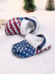 1 Pair Boys' Comfortable Fashionable Flag & Star Thermal Lined Warm Indoor/Outdoor Versatile Clogs, Autumn/Winter - Navy Blue - View 1
