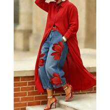 Pantalones vaqueros de moda, talle alto, estampado floral, pierna ancha y corte holgado - Rojo - Ver 3