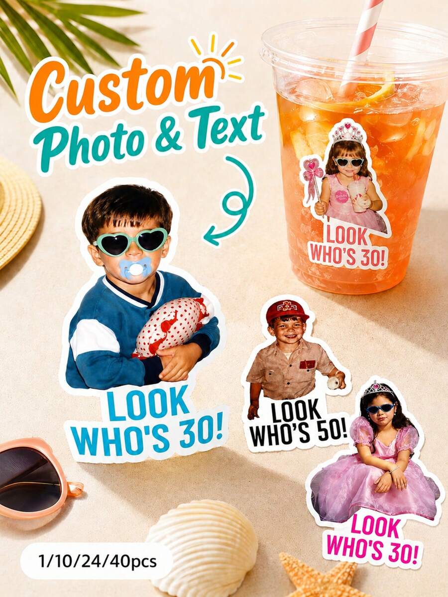 Customizable Photo & Text Waterproof PVC Stickers, Multiple Sizes, Graduation Party, Bachelor Party, Wedding Party, Back To School, Christmas, Halloween, Anniversary, Birthday - Multicolor - View 1