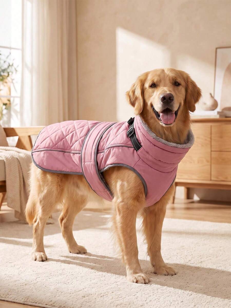 Dog Winter Coat, Thickened Warm Fleece Lining, Adjustable Pet Vest With Reflective Strip, Built-In Collar D-Ring, Outdoor Medium To Large Dog Jacket
