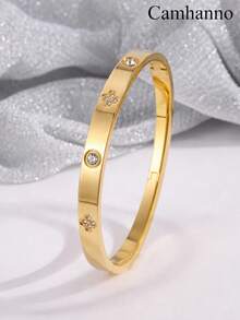 1/3Pcs 18K Gold Plated Stainless Steel Bangle Set, Clover & Zirconia Stackable Bracelets, Daily Wear Holiday Gift For Women - Gold - View 3