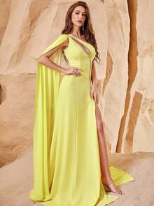 Women's Cut-Out Design One-Shoulder Slit Thigh Formal Dress - Yellow - View 3