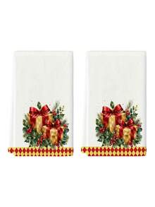 2pcs/4pcs Handuk Dapur Kotak Kado Natal Cat Air, Kotak Kado Pita Merah, Ranting Pinus Holly, Cetakan Buah Beri Merah, Pinggiran Pola Berlian Merah & Kuning, Handuk Tangan Liburan, Handuk Dekorasi Dapur dan Kue - MultiWarna - View 4
