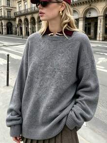 Fashionable Women's Gray Long Sleeve Pullover Sweater, Loose Fit, Ribbed Knit Detail, Suitable For Autumn Wear - Grey - View 6