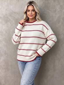 Chic Plus Size Women's Cream & Red Striped Knitted Sweater, Comfortable Round Neck Long Sleeve Loose Fit Drop Shoulder Top For Everyday Wear - White - View 11