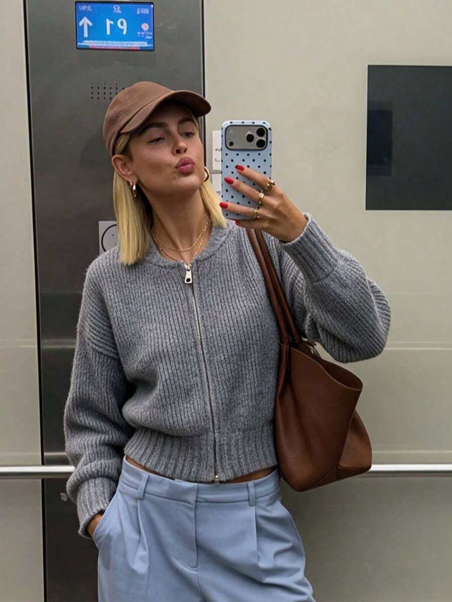 Women's Autumn/Winter Casual Grey Ribbed Zip-Up Thickened College Style Short Knit Cardigan, Round Neck Loose Long Sleeve Short Halloween Sweater Jacket