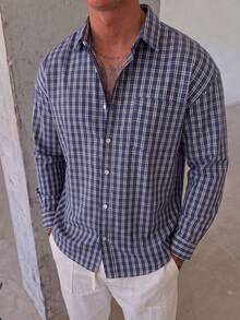 Men's Casual Commute Plaid Long Sleeve Shirt, Comfortable And Versatile, Spring Autumn Winter - Navy Blue - View 4