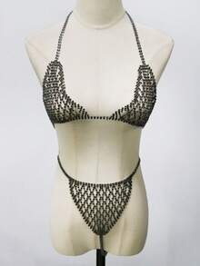 Sexy Mesh Rhinestone Bikini Set, Bling Crystal Embellished Bra And Shorts For Nightclub, Evening Party And Dance - Golden - View 7