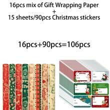 34/68/106pcs Christmas Gift Wrapping Paper(Includes Stickers), Cute Santa Claus Christmas Hat Christmas Snowman Wrapping Paper,Various Patterns - Style E - View 8