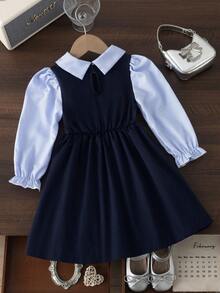 BASUSARRI Young Girls Dress With Collar, Buttons, Striped Patchwork, Pleated Hem, Preppy Style, Fashionable Elegant, Campus School Uniform, Simple And Stylish - Blue - View 4