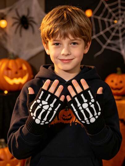 1 Pair Halloween Skeleton Fingerless Gloves, Knitted Skeleton Bone Fingerless Gloves, Suitable For Men, Girl And Children, Party Costume Accessory