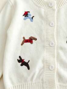 Cárdigan de punto con bordado de cachorro nuevo de otoño para niñas, chaqueta de punto de dibujos animados versátil y elegante para niños pequeños - Blanco - Ver 5