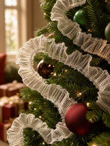 1pc White Ruffled Mesh Ribbon Garland Christmas Tree Swag Trim Xmas Mantel Fireplace Stair Handrail Window Party Backdrop Festive Hanging Streamer Holiday Home Layout Decor Winter Scene Ornament Decorative Accessory - Multicolor 4 - View 6