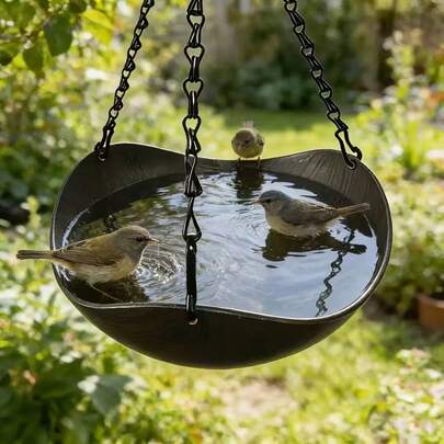 1pc, 1-Layer Hanging Bird Feeder & Water Basin, Faux Wood Grain Appearance, Bowl-Shaped Open Space For Water Or Food, Suitable For Balcony, Patio, Garden, Backyard, Attracts Sparrows, Birds And Squirrels. Comes With Thickened Metal Chain And Sturdy Hook, Stable Hanging And Resistant To Swaying.