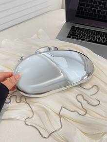 Women's Evening Clutch, Solid Color Mirror Pattern Metal Hard Shell, Detachable Chain Strap, Luxury Portable Hard Shell Women's Wallet, Suitable For Weddings, Parties, Balls - Silver - View 7