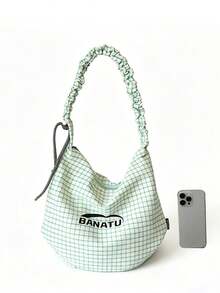 Bolso de hombro con estampado de patrón de cuadros texturizados, detalle de decoración de correa de hombro plisada, estilo casual y relajado, bolso de hombro en forma de media luna para mujer, bolso para uso diario, compras y viajes, bolso grande suave y relajado, bolso de hombro para combinar a diario - Verde - Ver 3