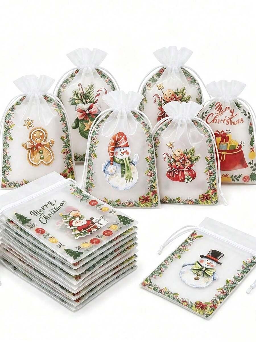 50/20/10/1pc Christmas Organza Gift Bags, Random Mix Style Drawstring Treat Pouches, Festive Holiday Favor Wrapping Bags, Sheer Mesh Goody Candy Pouches Ribbon Closure, For Christmas Party, Wedding Favors, Jewelry, Craft Storage - One Size Fits All - View 1