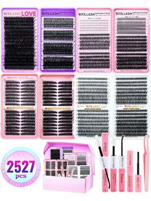 RITALASH 2527/ 592/655/640/384pcs Individual Lash Clusters Kit 4 Trays Volume Lashes With Lash Bond And Seal Lash Remover Lash Tweezer For Travel/Cosply/Daily Use For Beginner Waterproof Resuable Eyelash Extensions At Home - Black - View 1