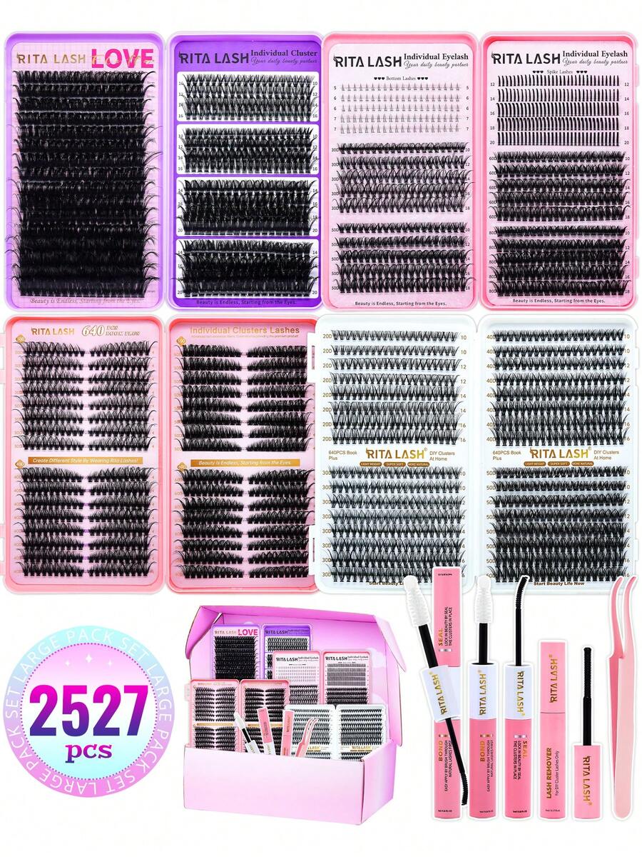 RITALASH 2527/ 592/655/640/384pcs Individual Lash Clusters Kit 4 Trays Volume Lashes With Lash Bond And Seal Lash Remover Lash Tweezer For Travel/Cosply/Daily Use For Beginner Waterproof Resuable Eyelash Extensions At Home - Black - View 1