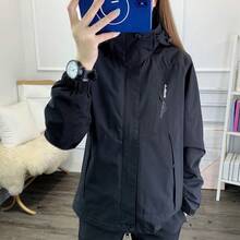 女士春秋季撞色防风防水跑步夹克户外运动薄款透气登山服长袖外套黑色 - 黑色 - 查看 12